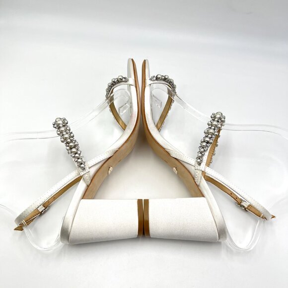 Badgley‎ Mischka Size 6 Natasha White Jeweled Pearl Block Heels Sandals Shoes - Picture 8 of 14